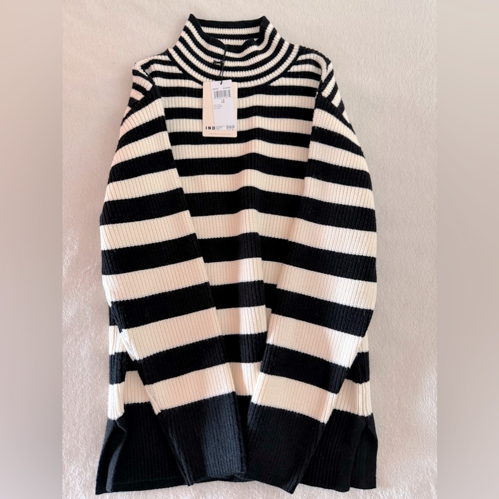 Black and White Striped Knit Women's Turtleneck Sweater